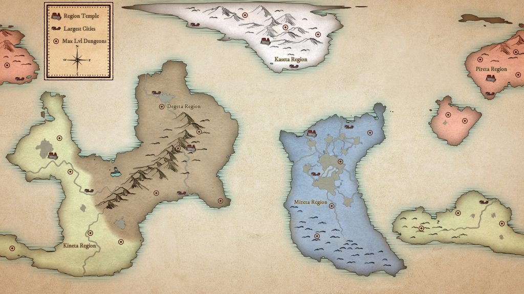 A fantasy map featuring several continents and five colored regions