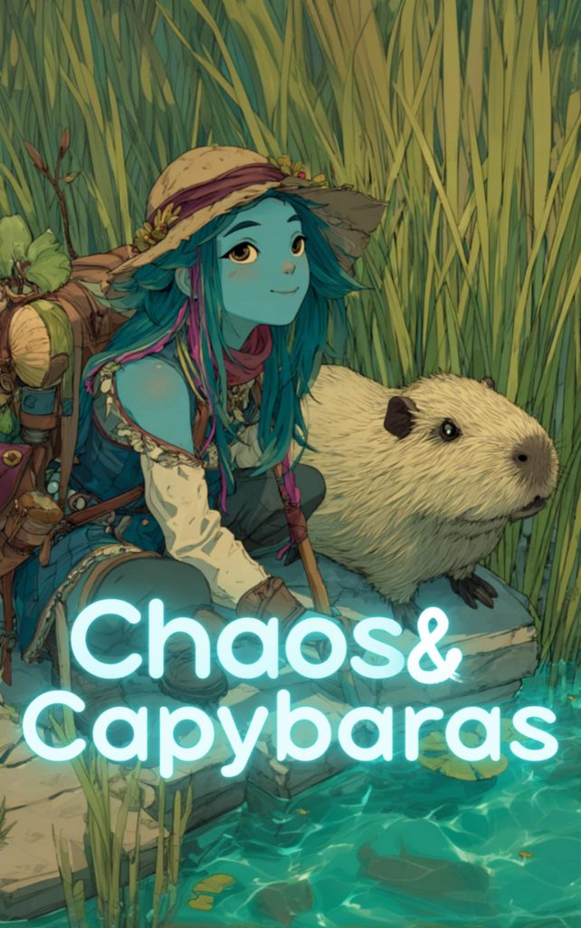 A blue skinned girl and a capybara by a river. Text reads Chaos and Capybaras