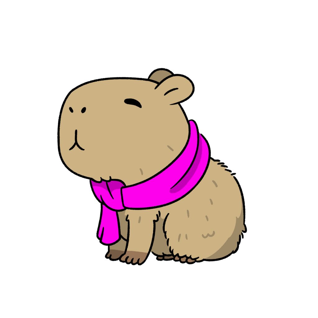 A cartoon of a capybara wearing a magenta scarf