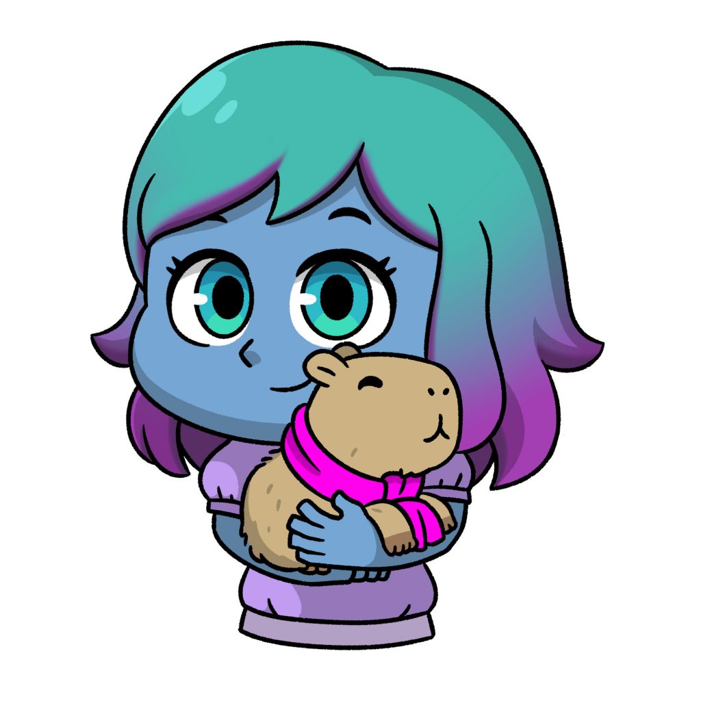 A cute cartoon of a blue skinned girl with mermaid hair holding a capybara with a magenta scarf